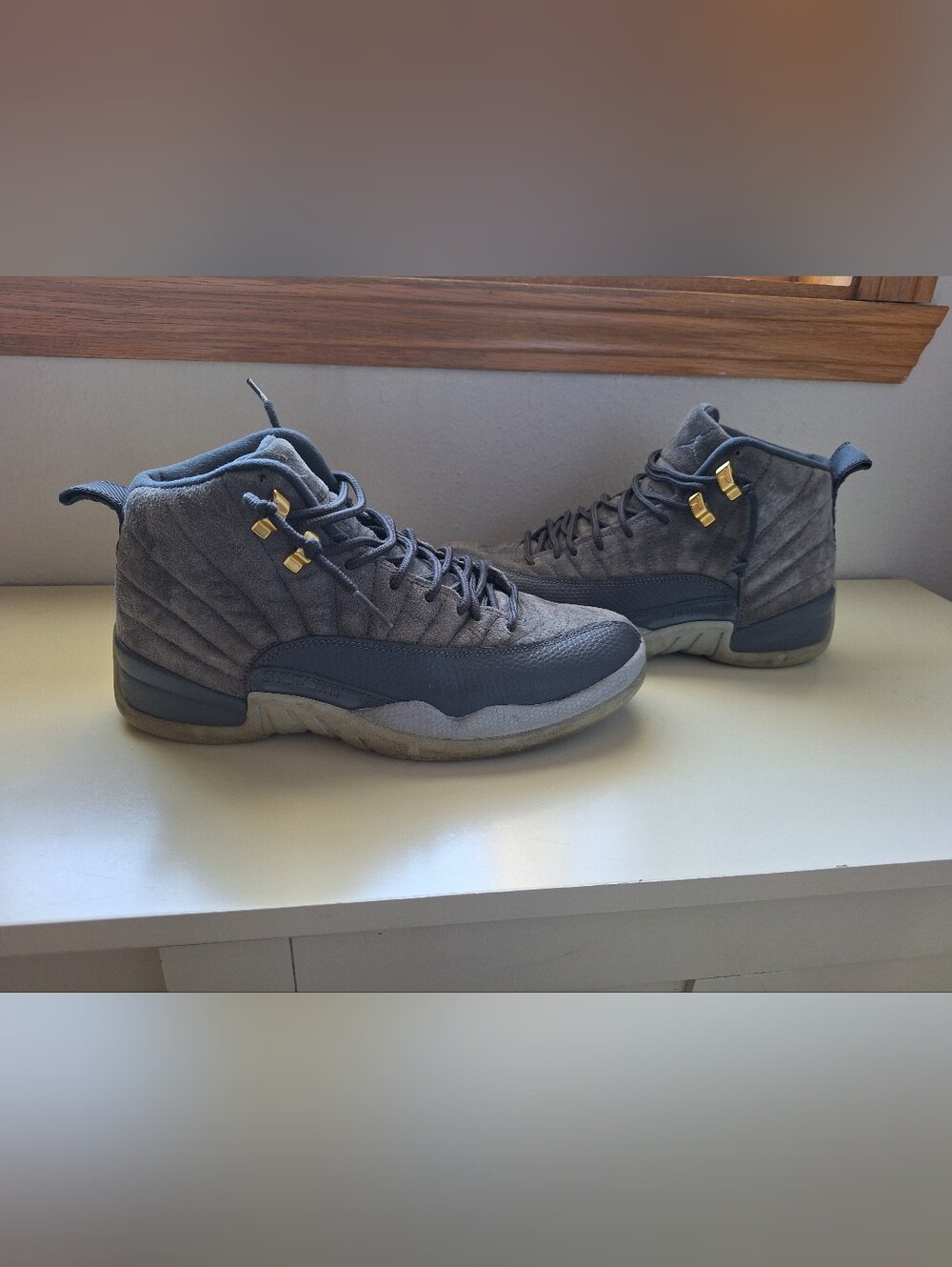 Jordan Men's Gray Suede High-Top Sneakers with Gold Accents